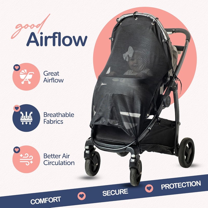 IntiMom Stroller Sun Shade - Universal UV Protection Cover for Strollers Sunshade with See Through, Clip-On Sun Blocker, Sun Shield for Baby, Breathable Adjustable Fit, Full Coverage, XL Black - Image 3